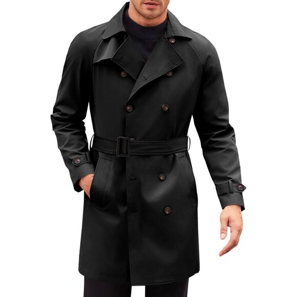 No Brand Other - ✨Men Black Trench Coat Double Breasted Mid Long Jacket Casual Belted Overcoat